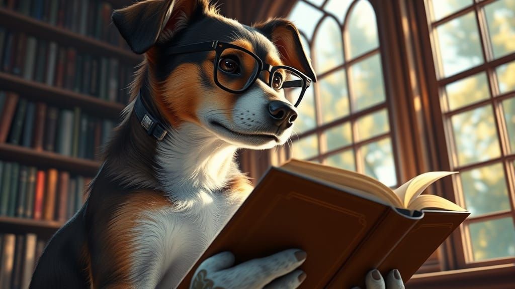 Intellectual Canine in Library Splendor