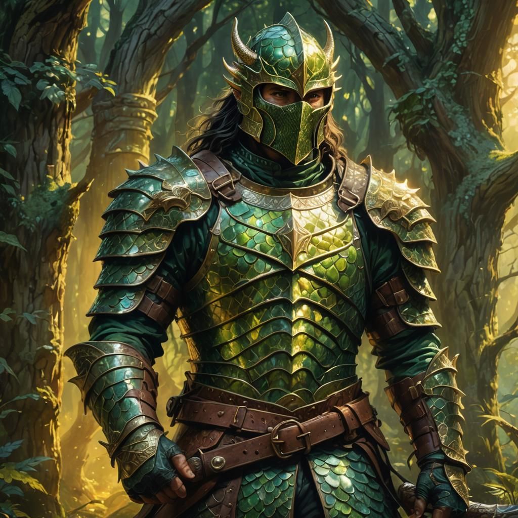 Warrior in Green Dragon Scale Mail, Fantasy Art