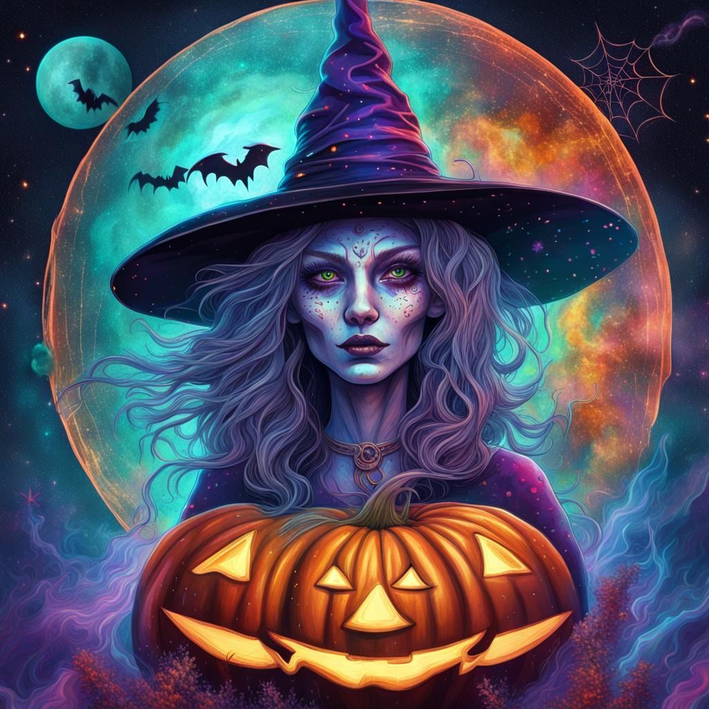 Holographic Halloween Witch Cosmic Illustration