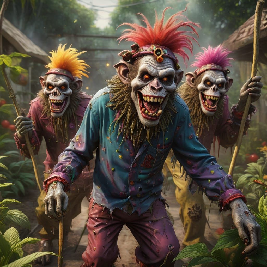 Creepy Zombie Monkey Clowns Tend Cannabis Garden