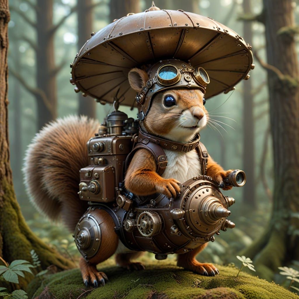 Steampunk Squirrel Piloting Airship in Mushroom Forest