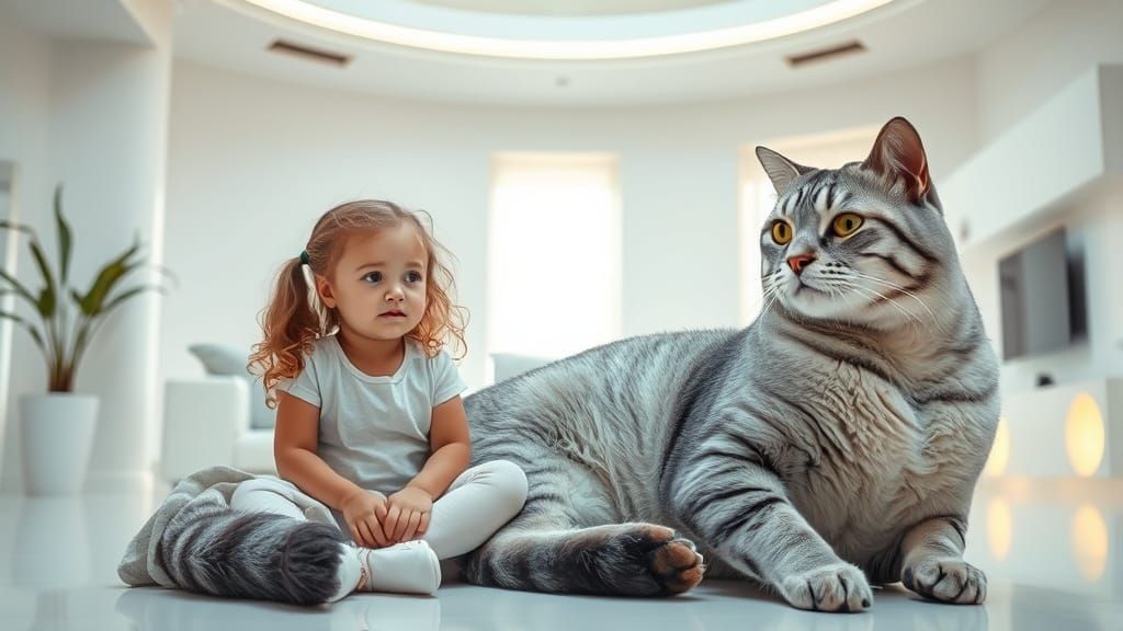 Girl and Giant Cat in Futuristic Room