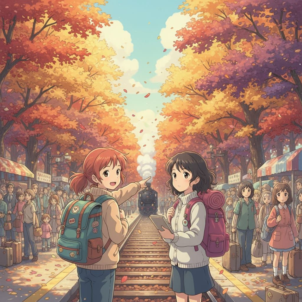 Anime Girls Await Vintage Train in Autumn