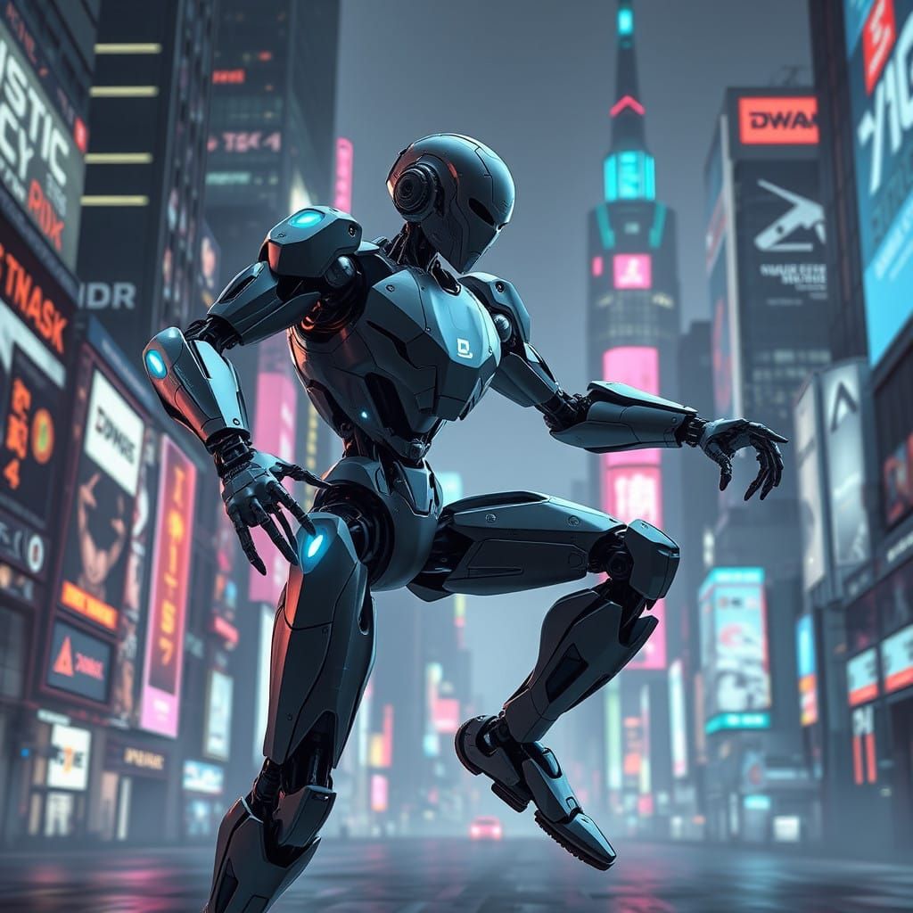 Sleek Metallic Robot Defies Expectations in Neon-Lit Citysca...