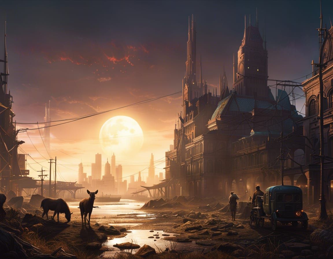 Flourishing Post-Apocalyptic City in Moonlight Twilight