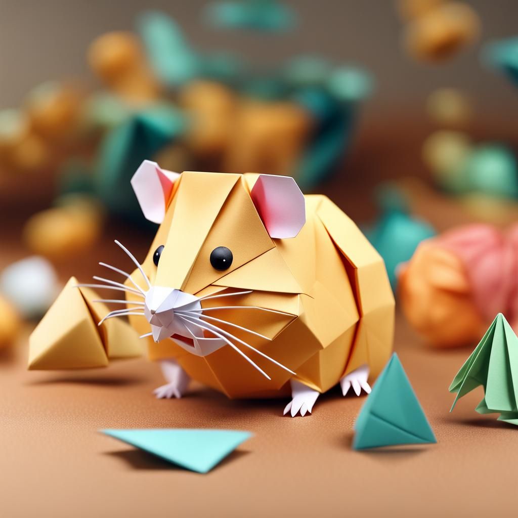 Hamster Sipping Near Origami Papercraft Art