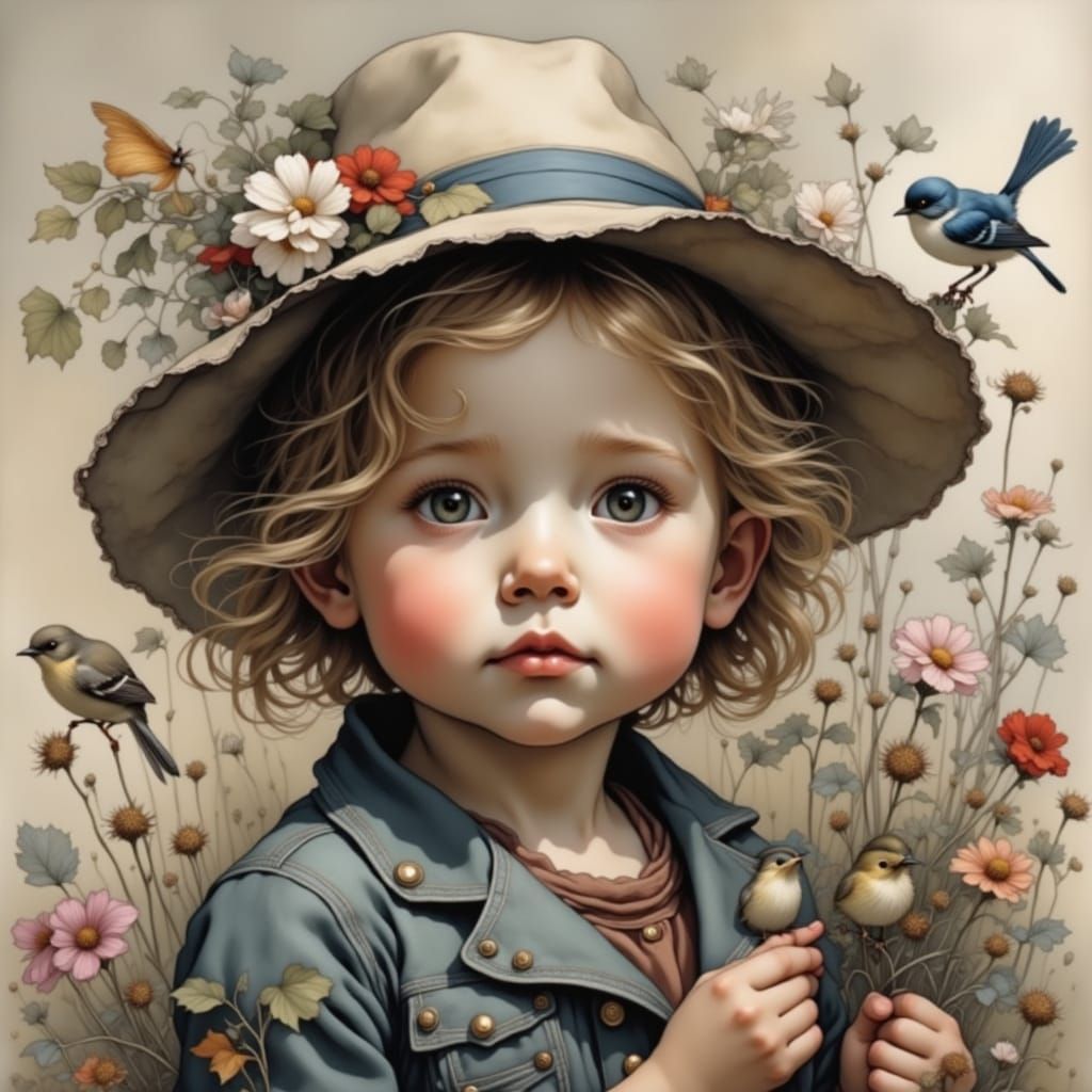 A Young Girl in a Faded World Feeds Gentle Birds