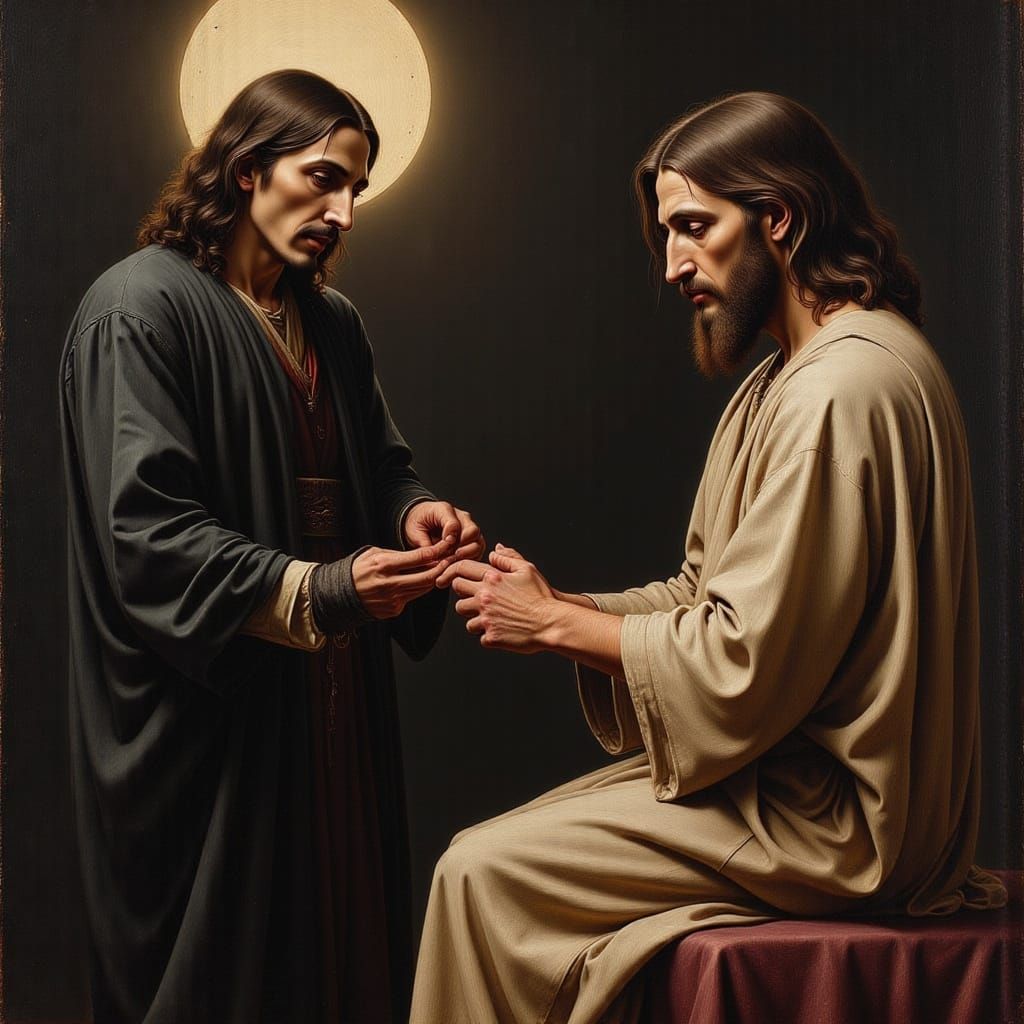 An oil painting in the style of the old masters depicting a scene in the garden of Gethsemane at about 33 A.D. where a b...