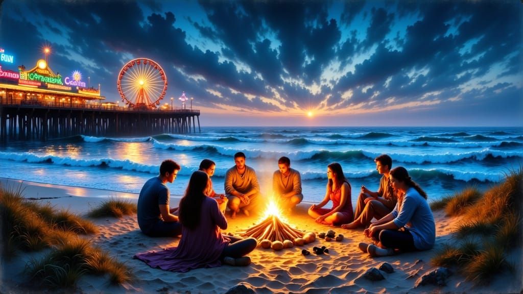 Bioluminescent Beach Bonfire in Watercolor Style