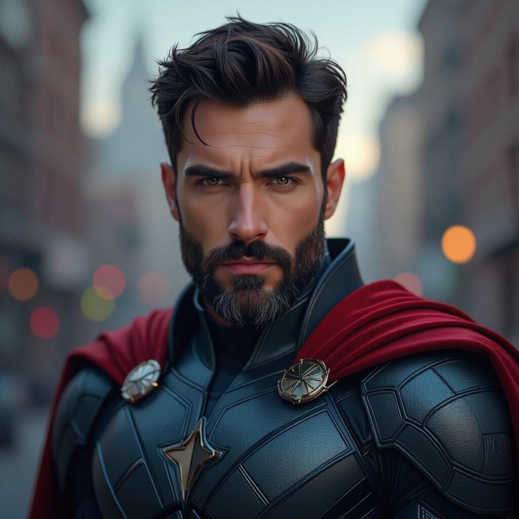 Handsome Superhero in Impressionist Style with Metallic Cost...