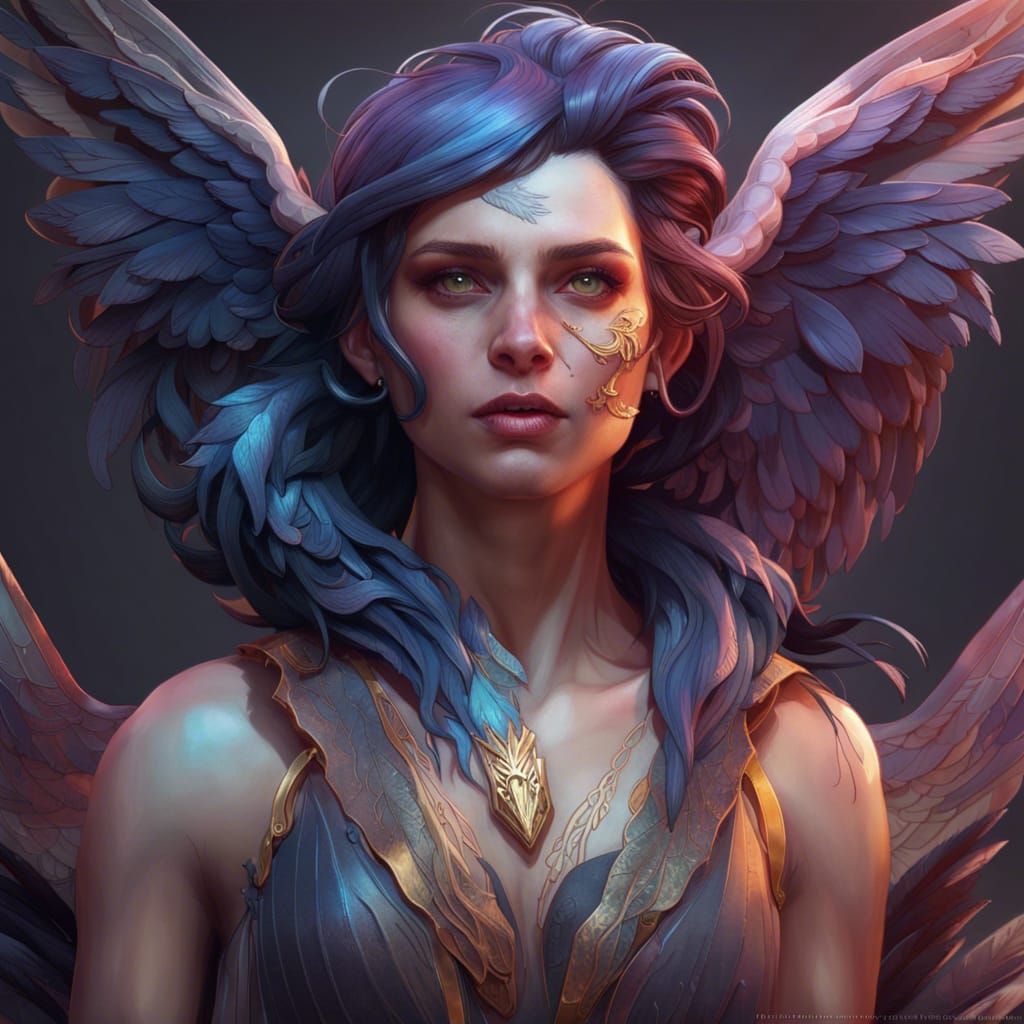 Detailed Harpy Portrait in Art Nouveau Style