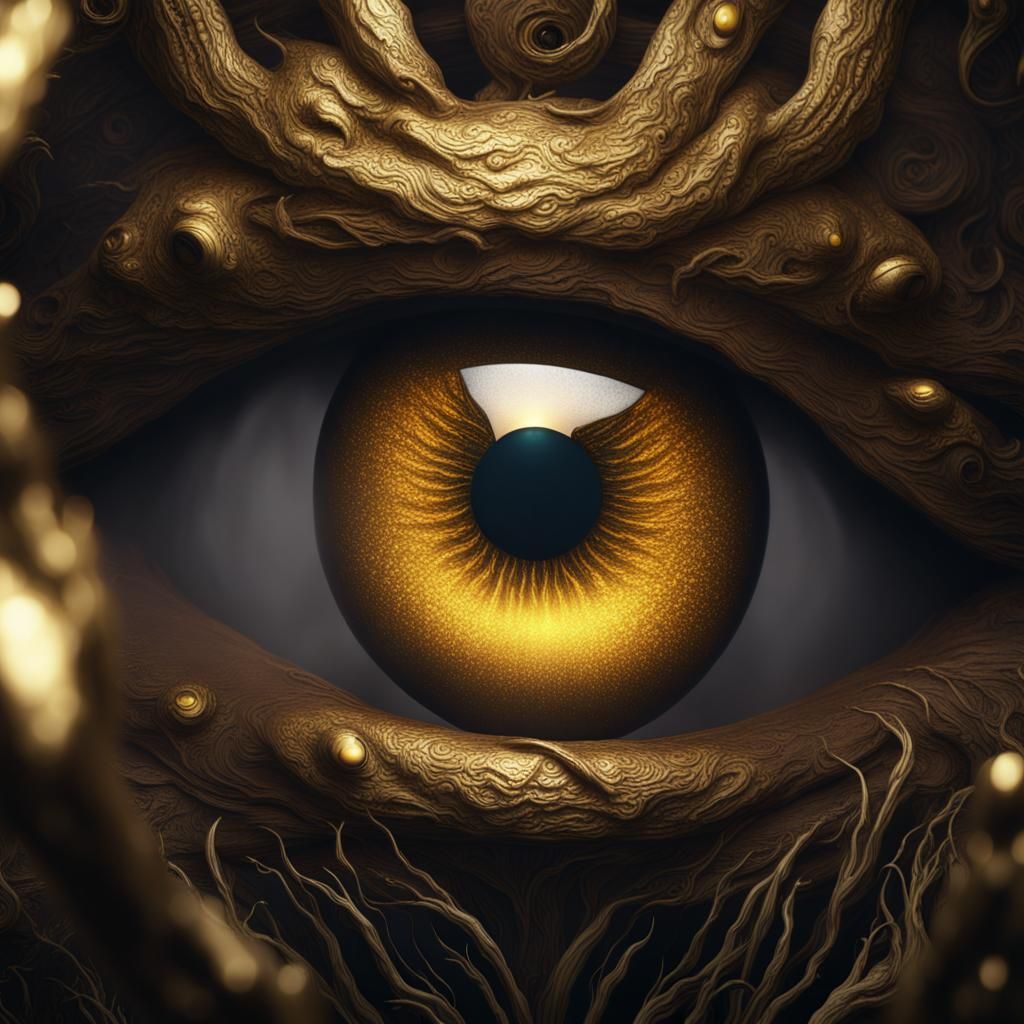 Golden Eyes Emerging from the Dark in Detailed Painting