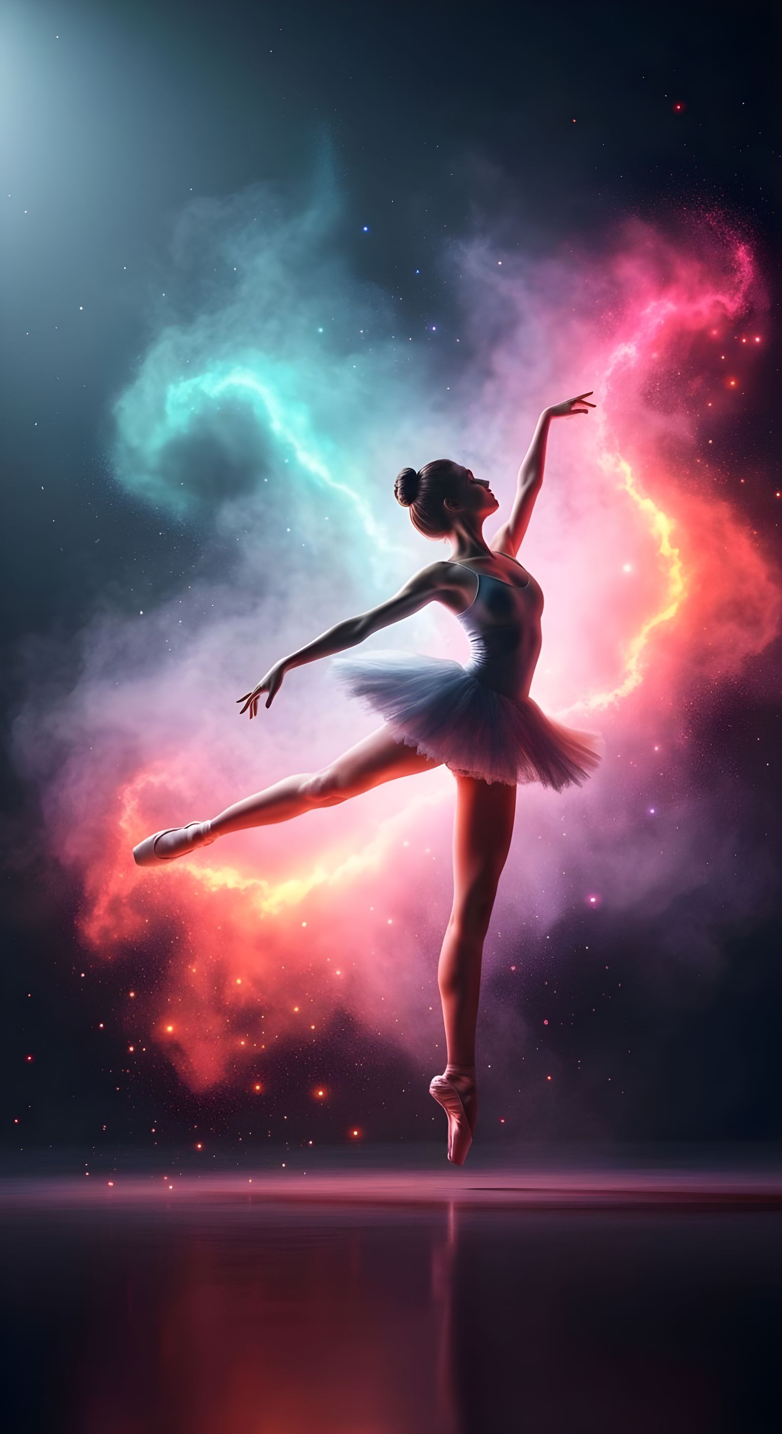 Ballerina Dancing in Glowing Dust and Vibrant Swirls