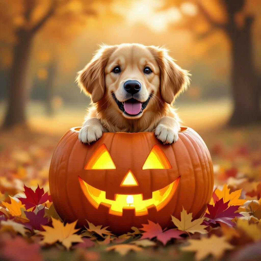 Golden Retriever Peeking From Carved Pumpkin