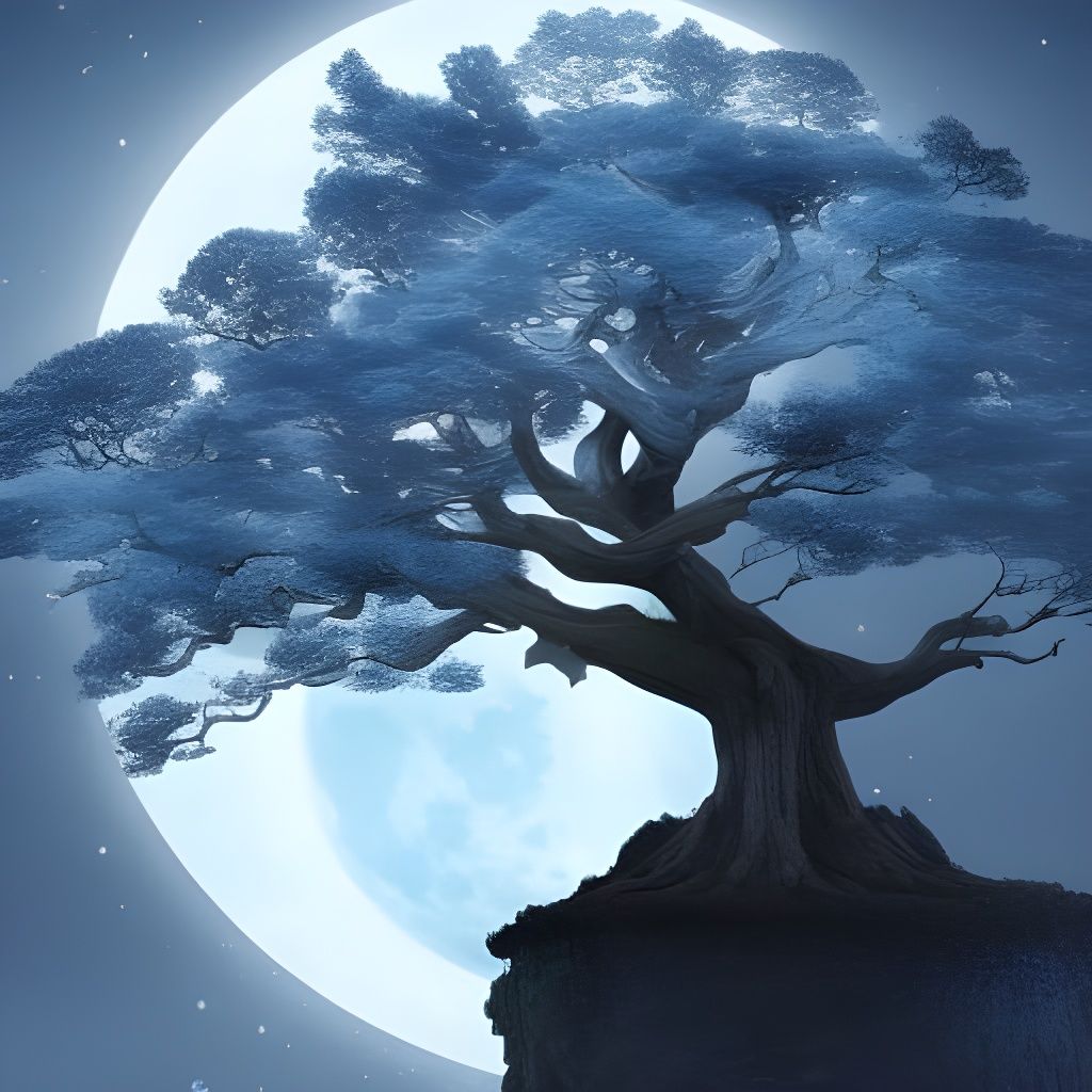 Flying Blue Magic Tree Under Moonlight