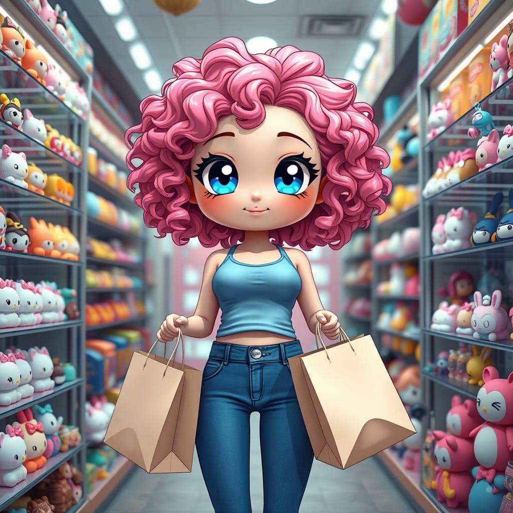 Chibi Anime Girl Amidst Whimsical Collectibles in Soft Light...