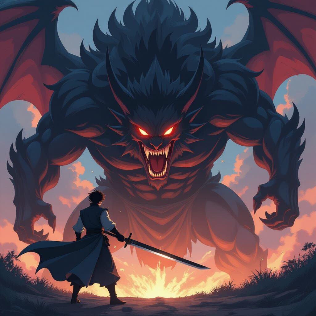 Fearless Warrior Confronts Roaring Demon in Anime Style