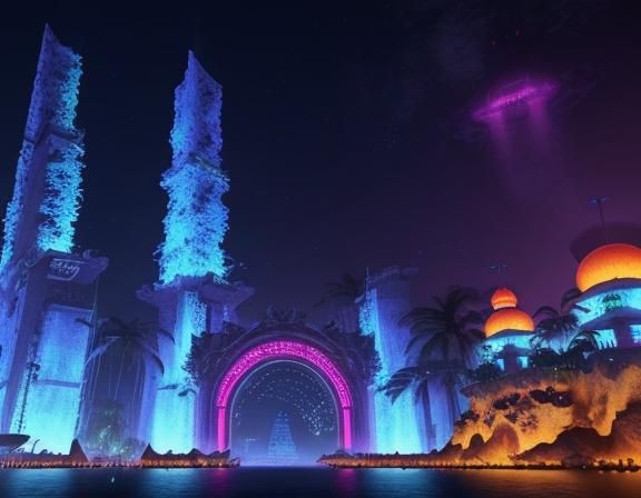 Tropical Cyberpunk Fortress on Volcanic Island