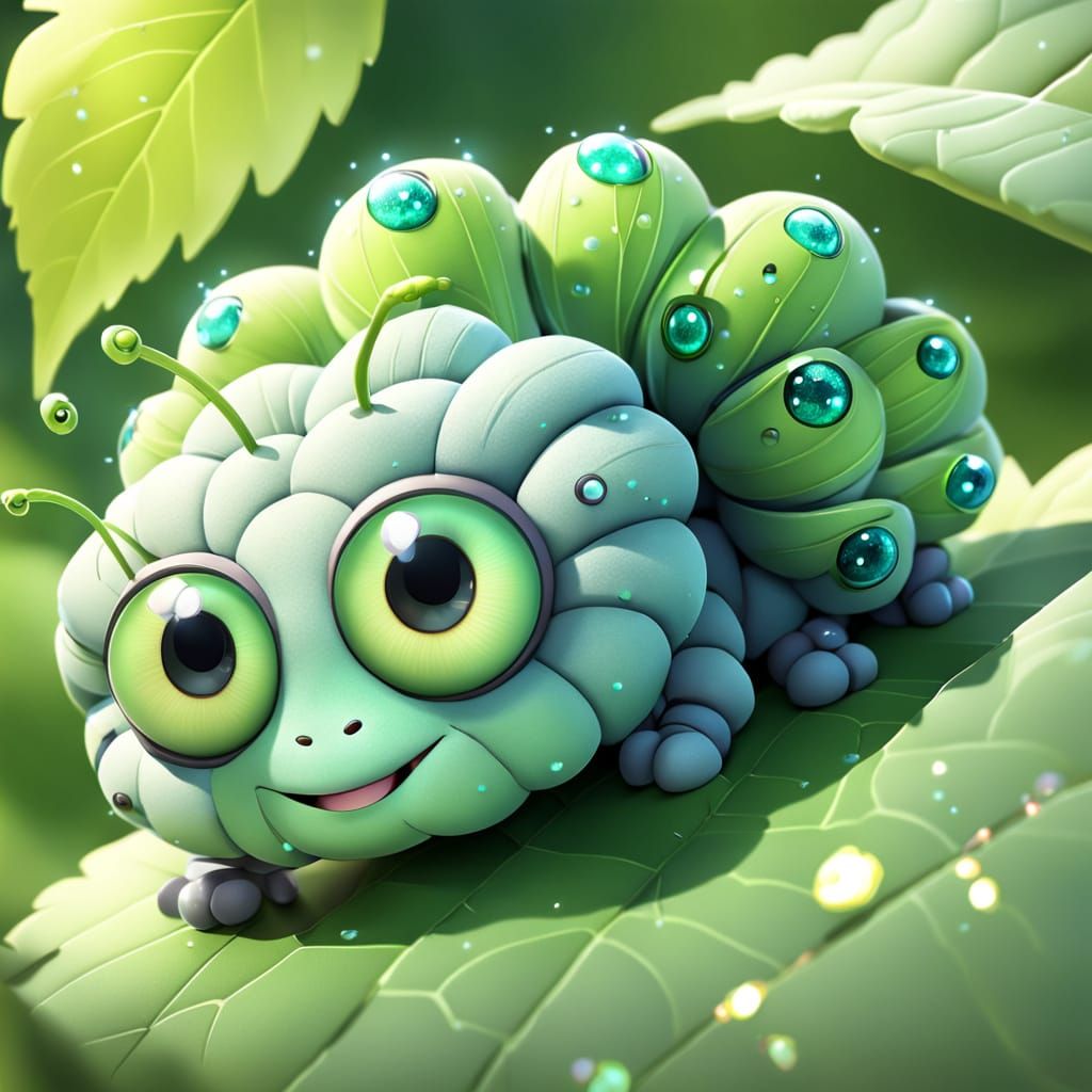 Adorable 3D Anime Caterpillar on Green Leaf