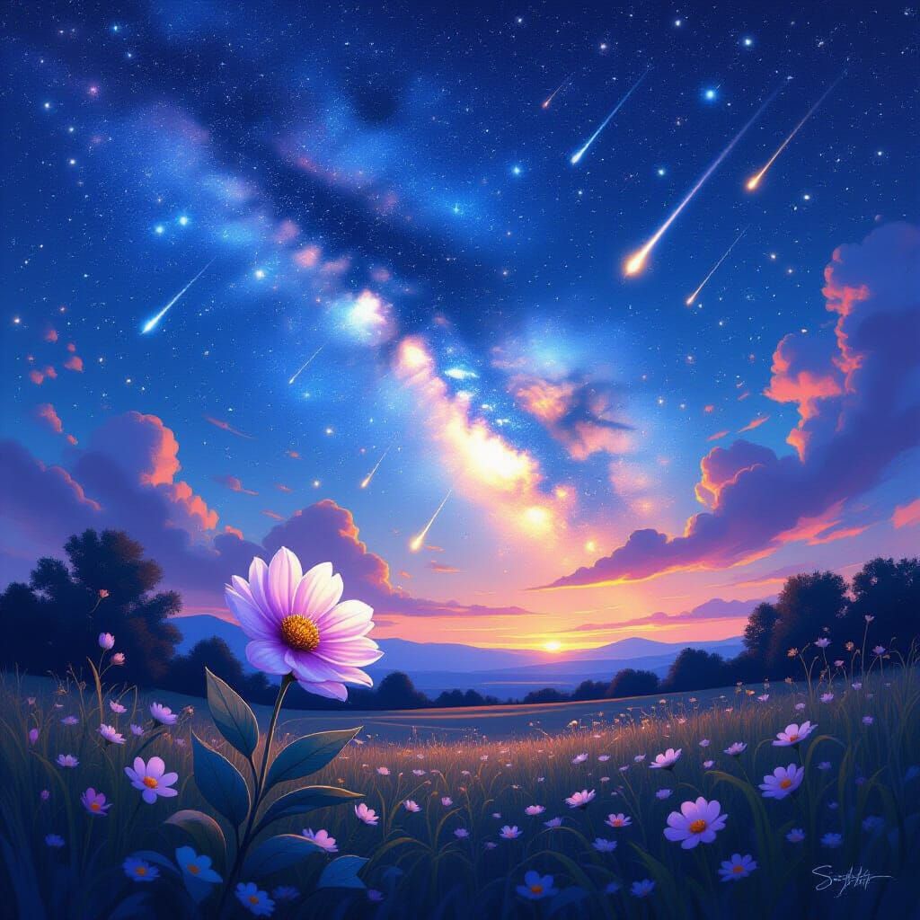 Realistic Starry Sky with Nebulas and Flower