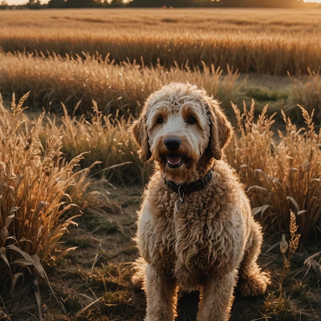 Golden Doodle in a Sunset Field: Cinematic Still