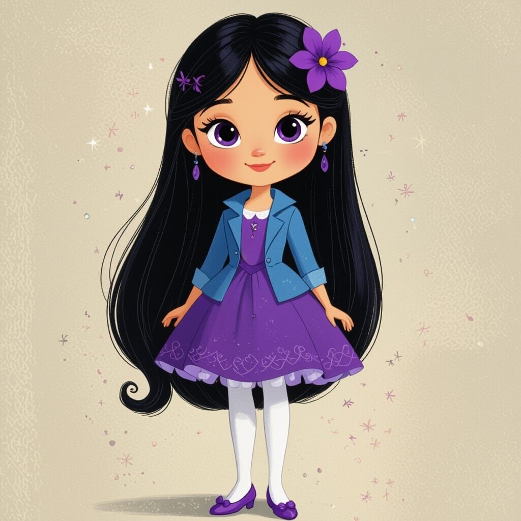 Cartoon Girl in Purple Dress with Flower and Purple Eyes