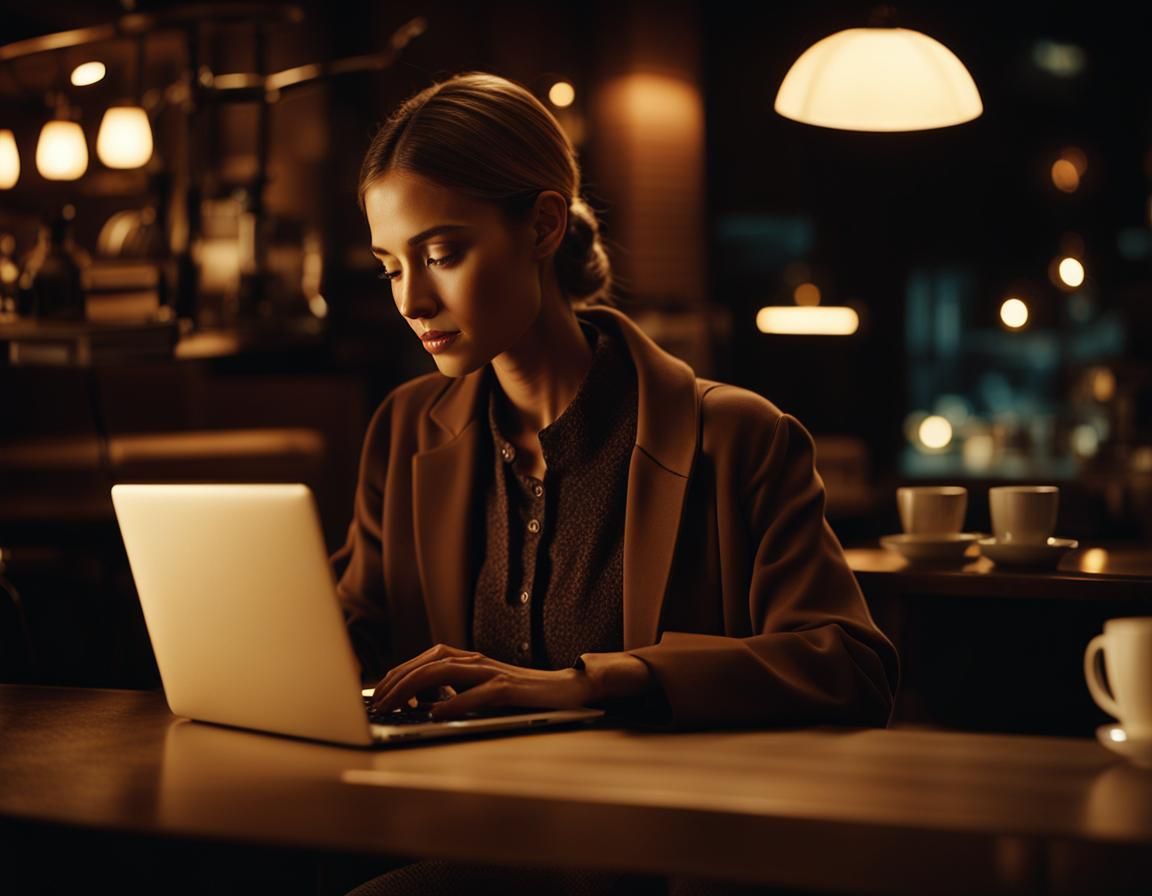 Woman Typing in Coffee Shop: Cinematic Film Still