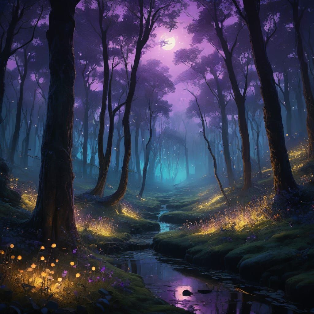 Surreal Forest at Dusk with Glowing Fireflies