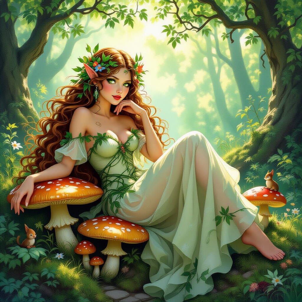 Forest Nymph with Sprites in Art Nouveau Style