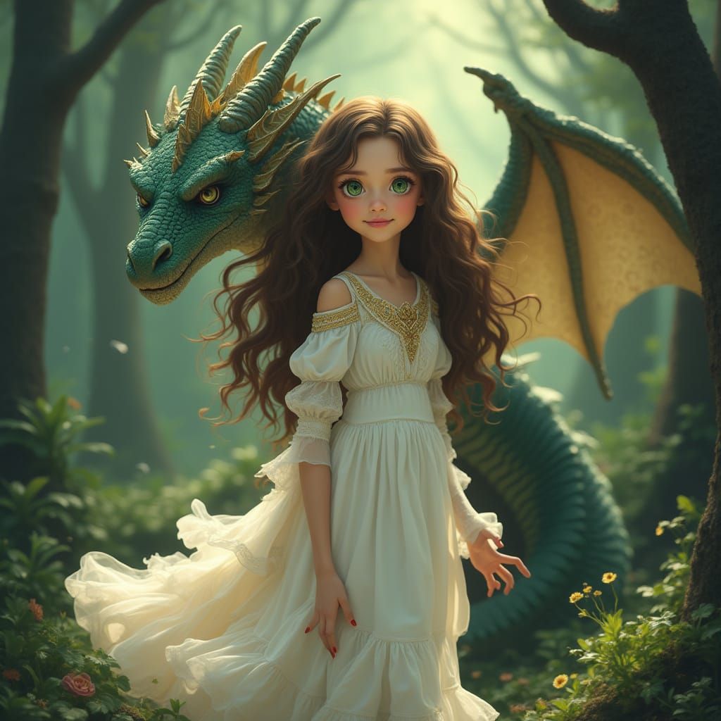 Whimsical Girl Transforms into a Majestic Dragon in a Mystic...
