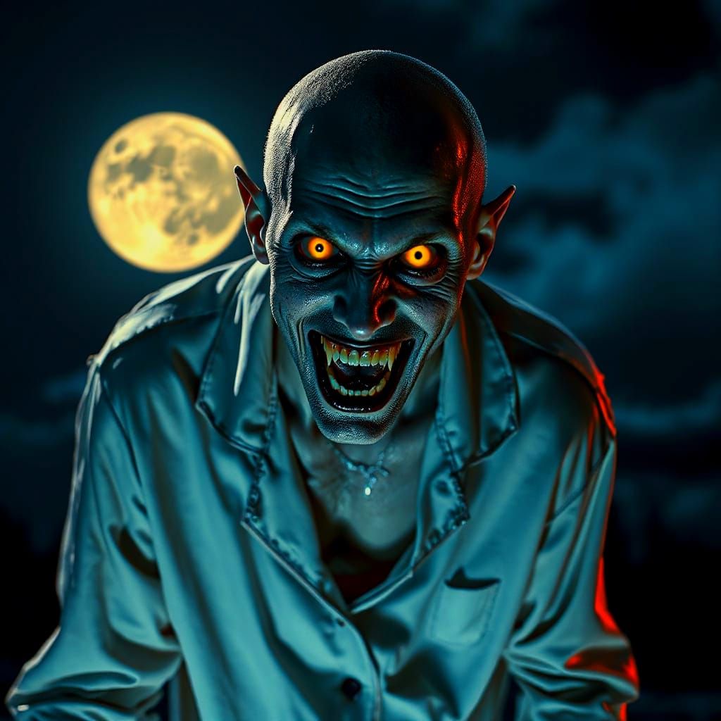 Hyperrealistic Vampire Floats on Moonlit Night