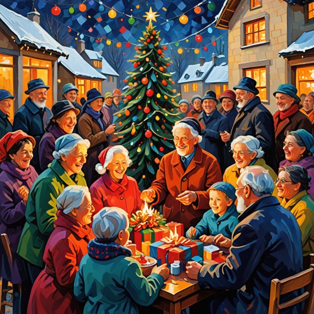 Joyful Christmas Scene in Vibrant Neo-Impressionist Style