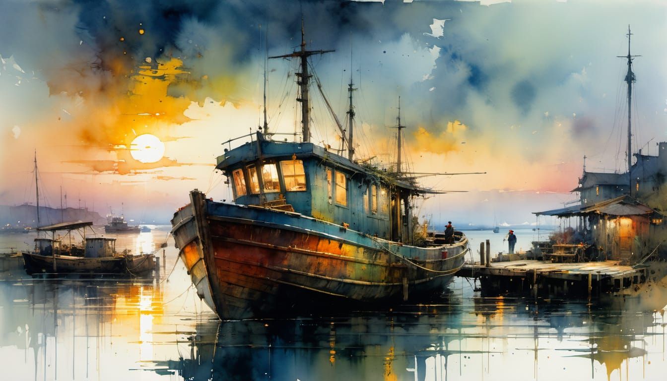Watercolor Fairytale Fishing Boat at Sunset