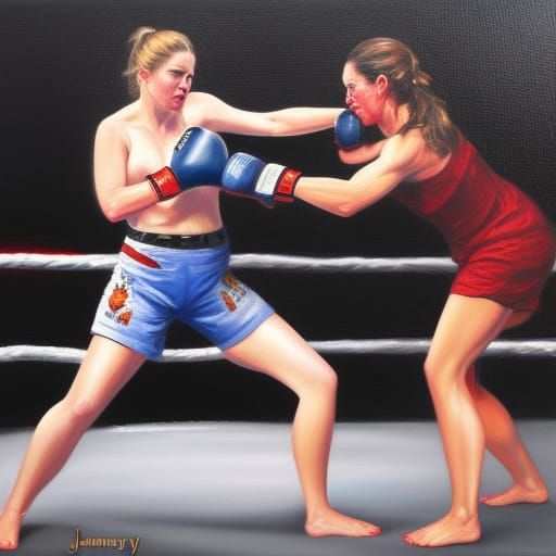 Woman Fighting Man in MMA, Oil Painting