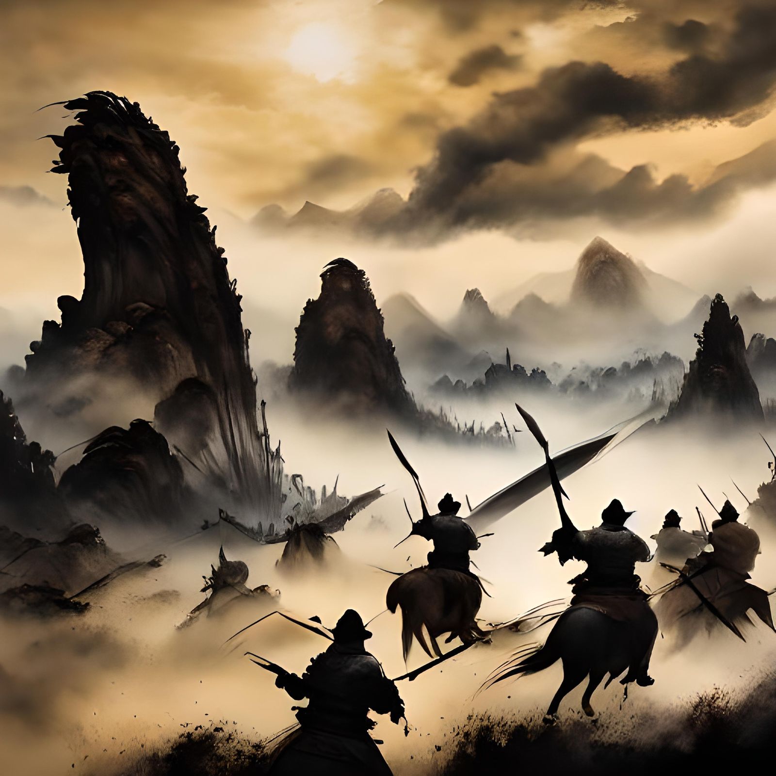 Genghis Khan Epic Battle in Chinese Painting Style