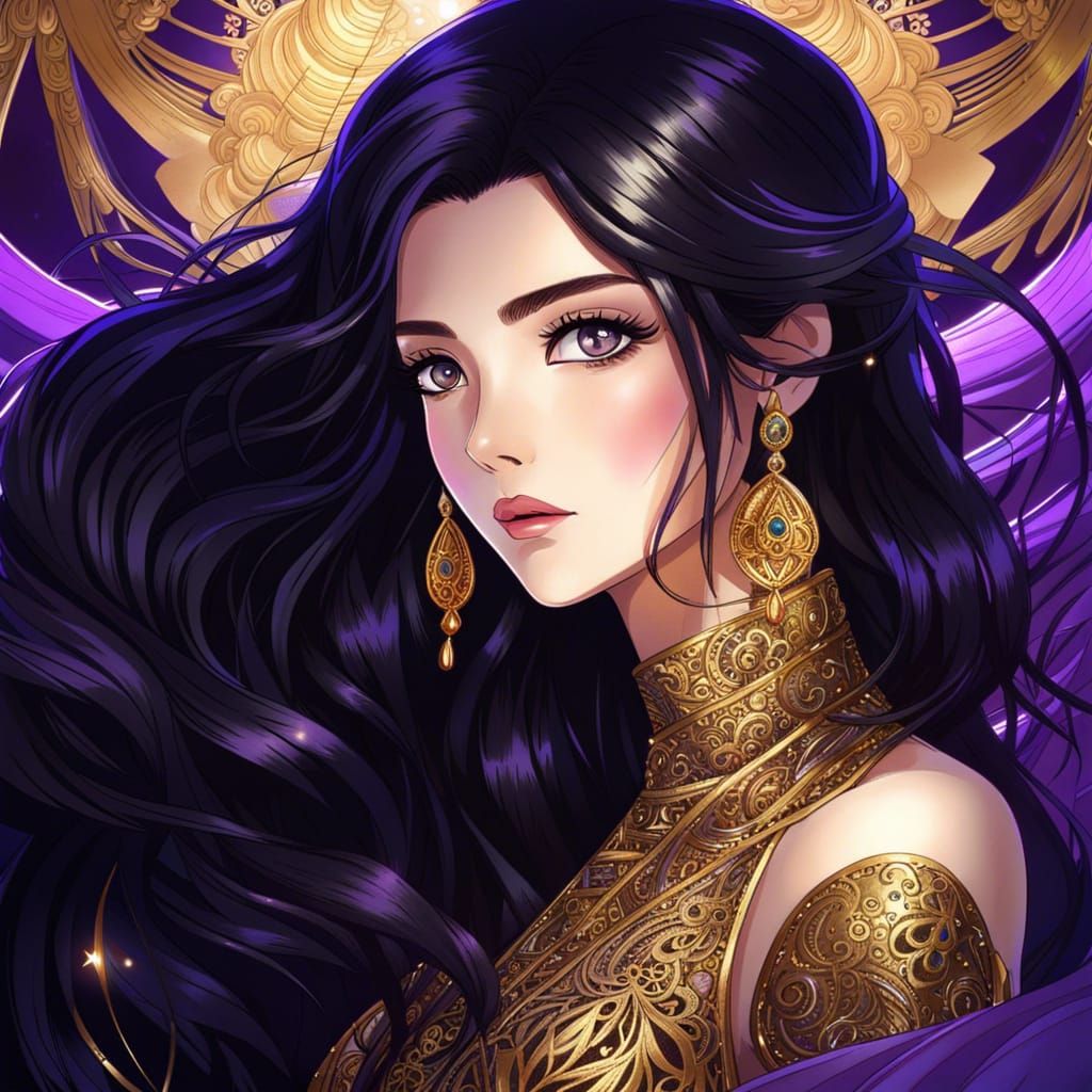 Anime Woman with Violet Eyes and Gold Dress