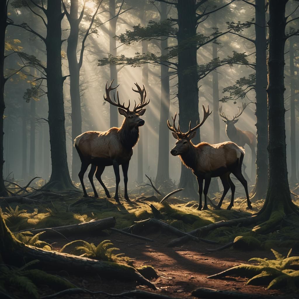 Elk in Sunlight: Hyperrealistic Forest Concept Art