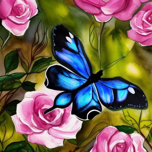 Butterfly in Rose Garden: Gouache Watercolor Impressionism