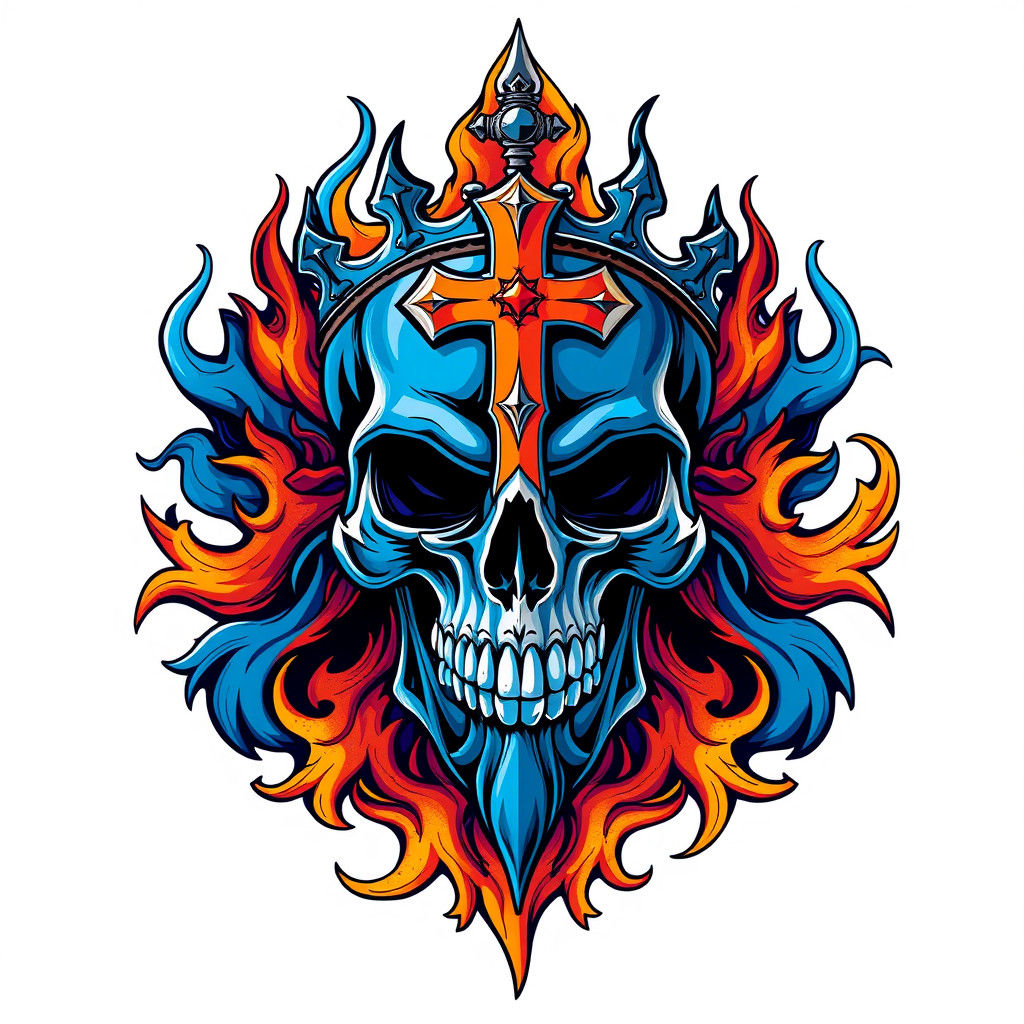 Regal Skull Logo with Metallic Cross and Flames
