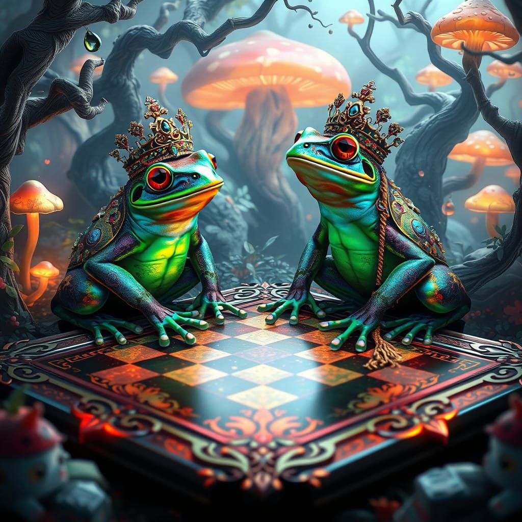 Regal Frogs in Whimsical, Dreamlike Realm of Checkerboard Ma...