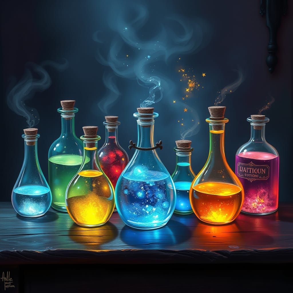 Seven Glowing Magical Potions on Ancient Table