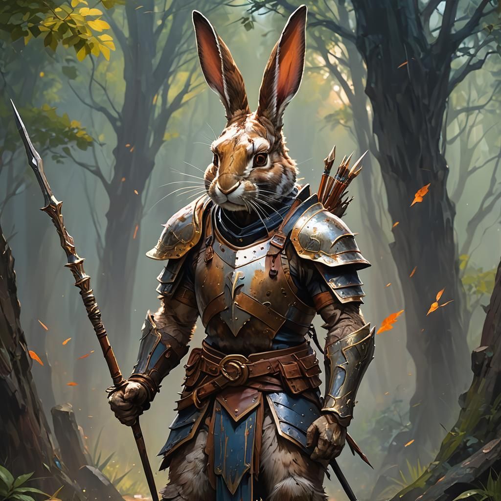 Rabbit Warrior Portrait with Spear and Armor