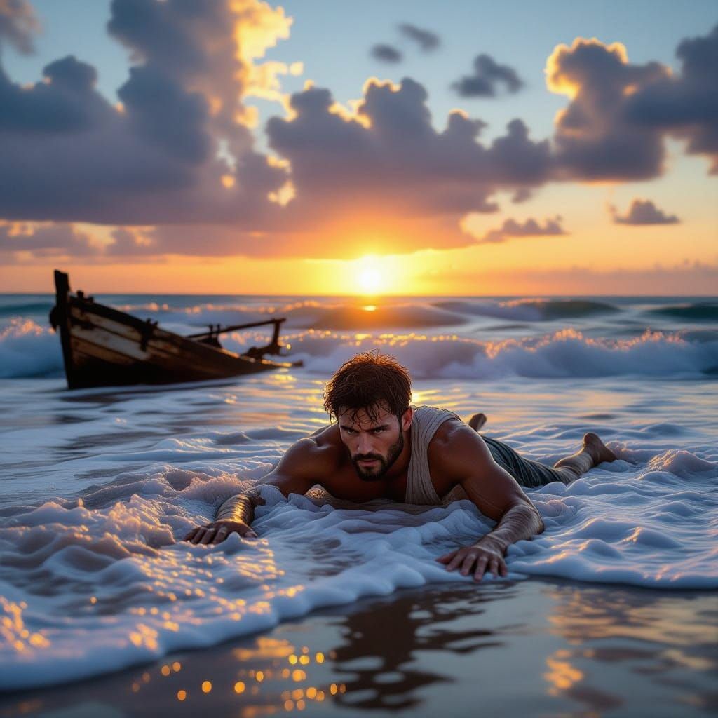 Shipwrecked Survivor on Tropical Beach at Sunrise