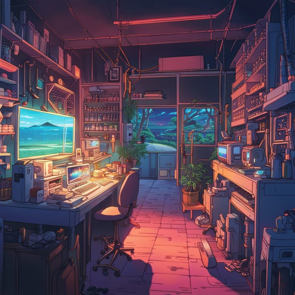 Ghibli-Style Neon Laboratory by Makoto Shinkai