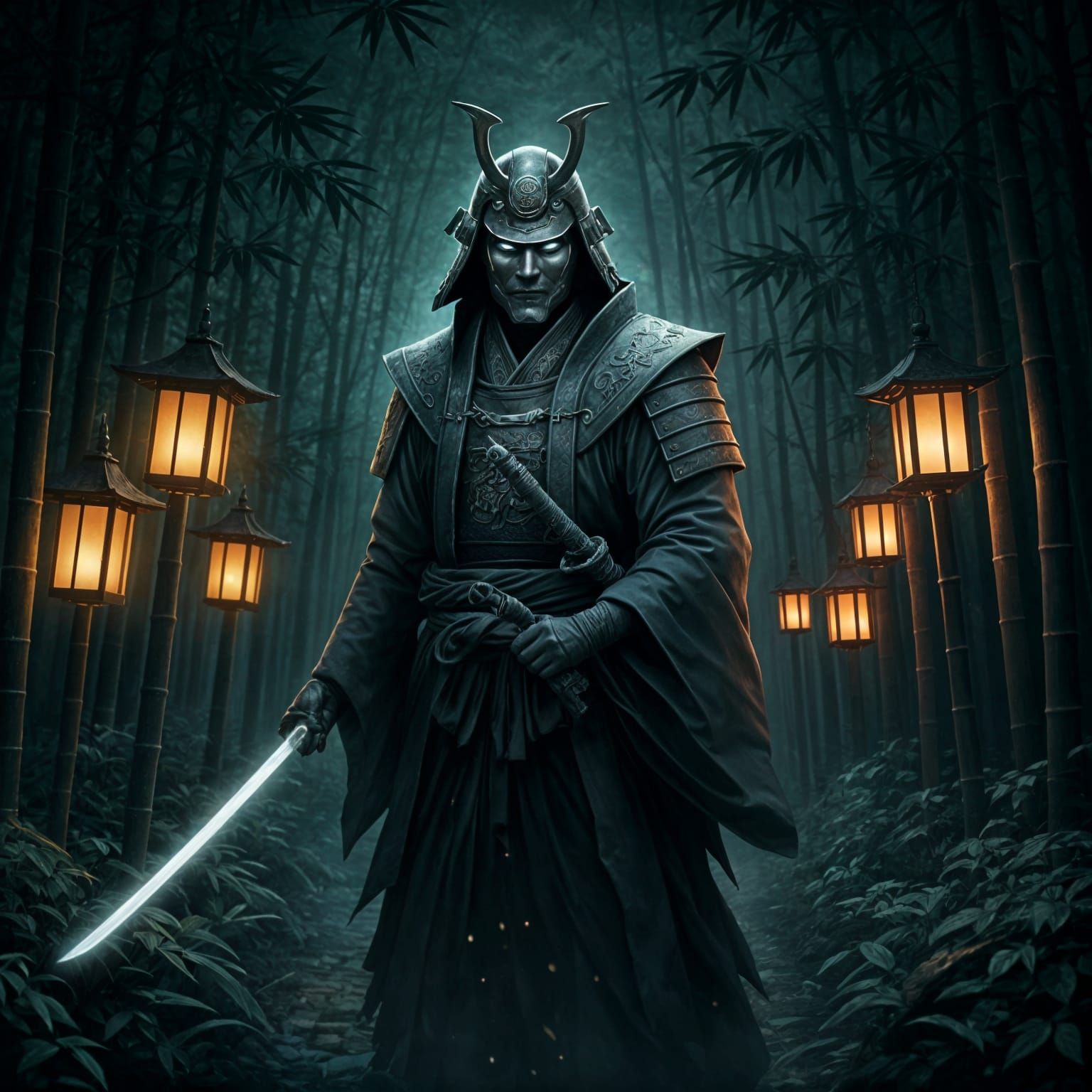 Ethereal Ghost Samurai in Misty Bamboo Forest