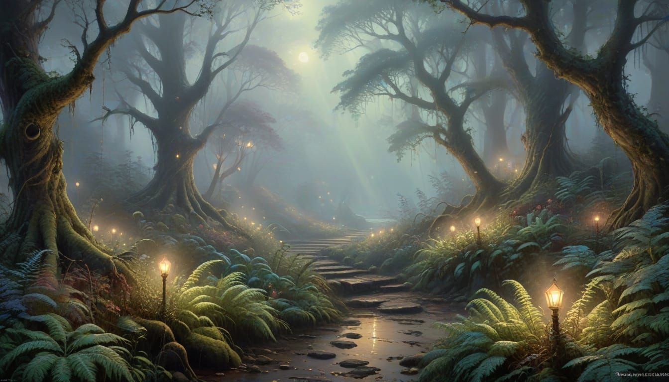 Enchanted Foggy Forest Path with Glowing Orbs