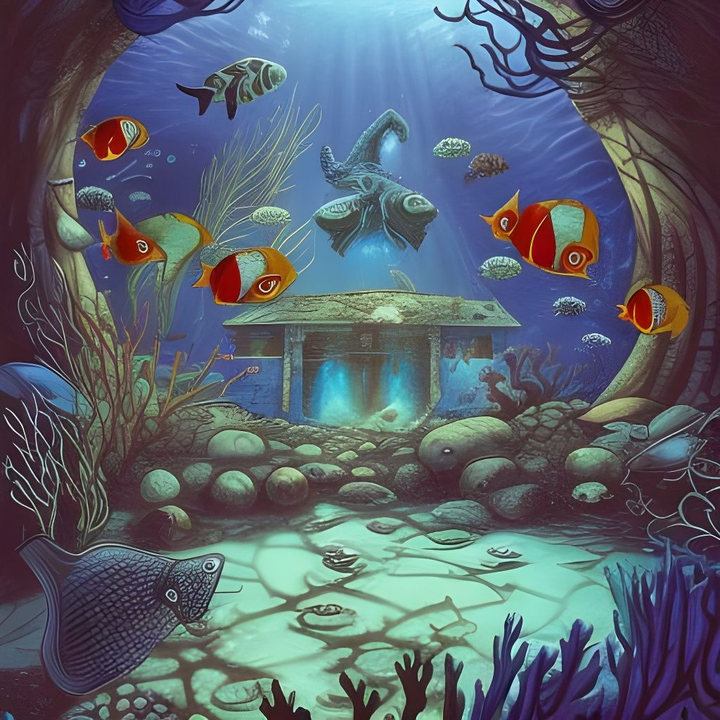 underwater scene of a sunken cathedral with fishes, underwater creatures an plants