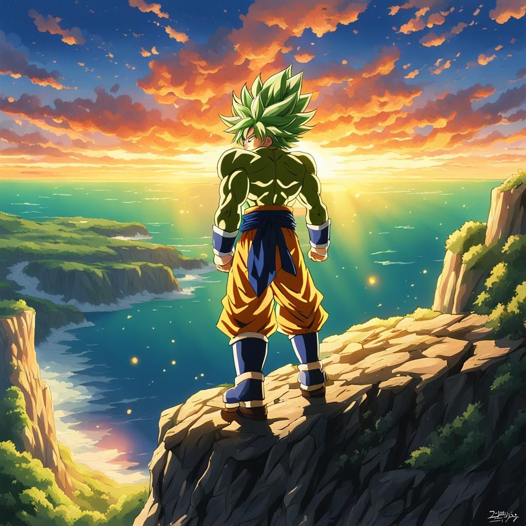 Broly at Sunset: Anime-Inspired Cliffside View