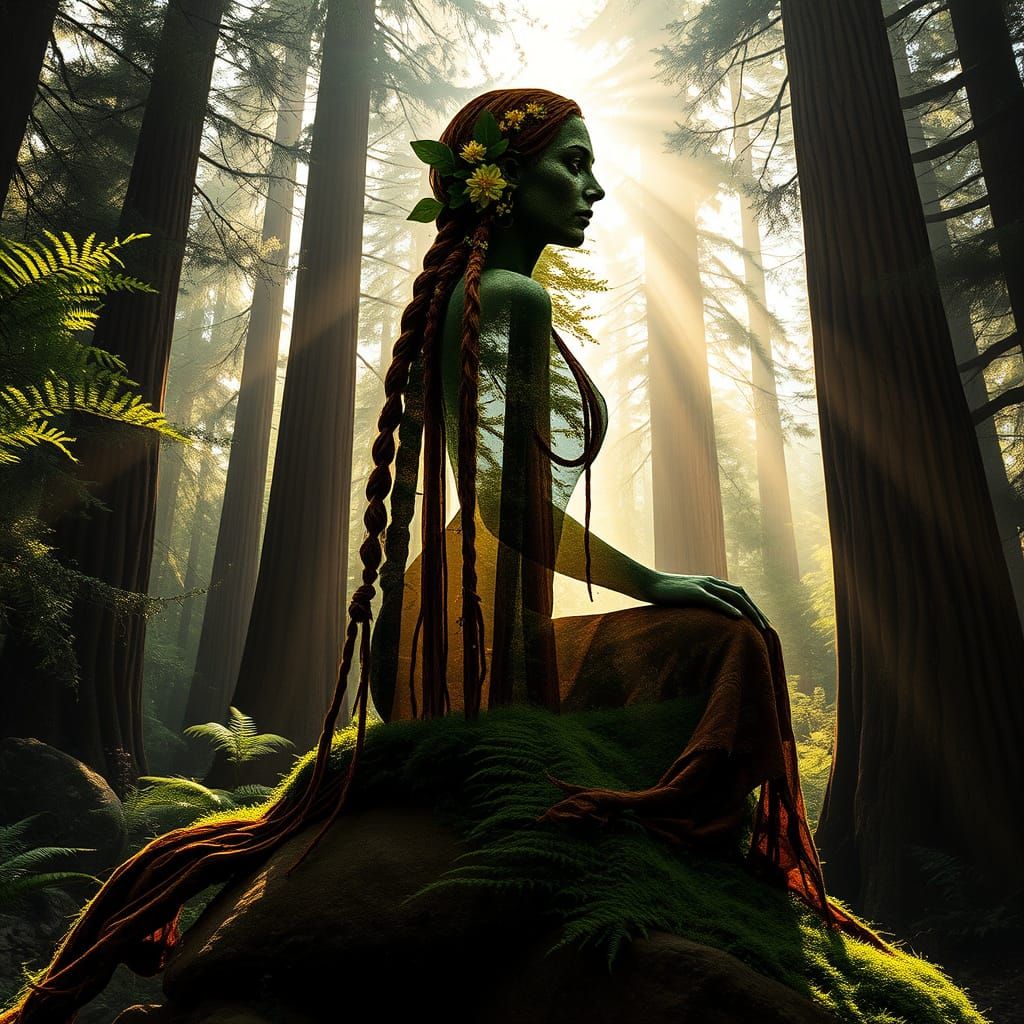 Earth Mother Silhouette with Redwood Forest, Painterly Digit...