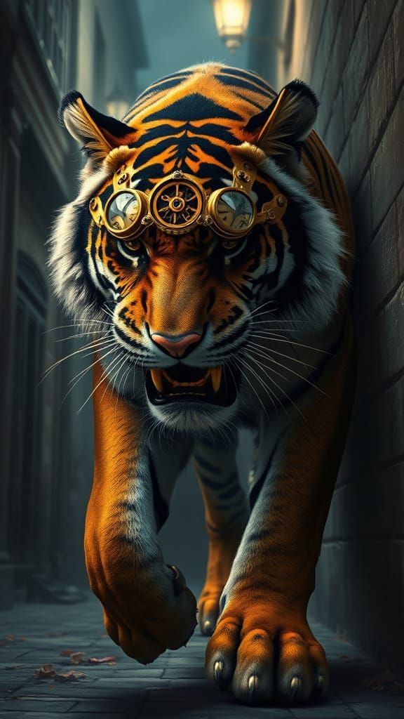 Steampunk Tiger in Moody Victorian Alleyway